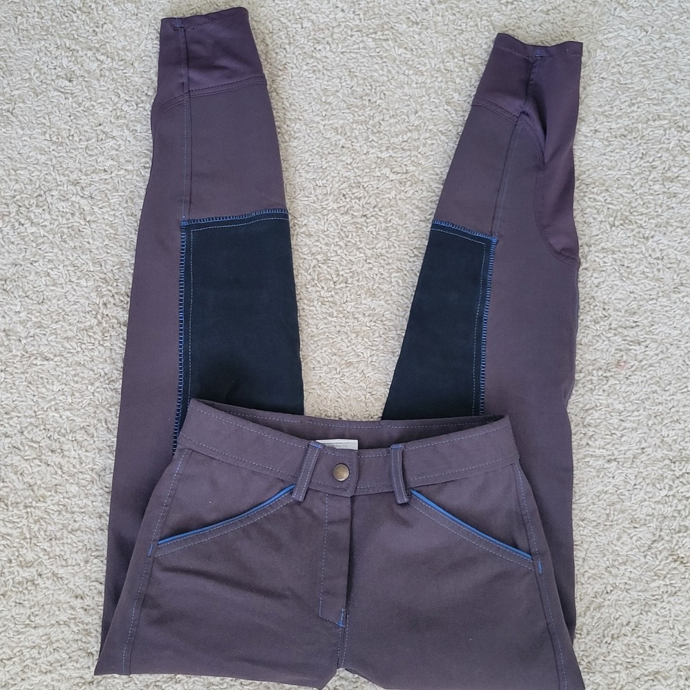Equestrian Riding Breeches Womens 26R Brown Knee Patch Jodhpurs Blue Stitch